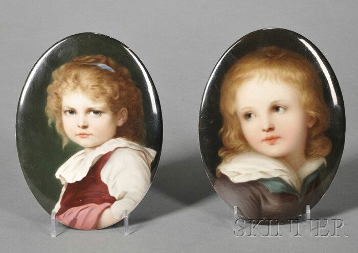 Pair of KPM Porcelain Portrait Plaques, Germany, o: Pair of KPM Porcelain Portrait Plaques, Germany, of a girl and a boy, each with impressed marks, ht. 7; together with a porcelain plaque of a nude woman fitted into a round gilt-metal box, indistinctl