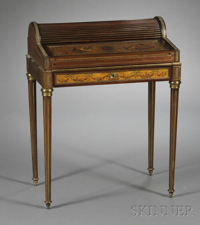 Louis XVI-style Brass-mounted Tambour Desk on Stan: Louis XVI-style Brass-mounted Tambour Desk on Stand, 20th century, with hinged slant-lid and roll-top enclosing three drawers and a green felt writing surface, frieze drawer, and circular, fluted, and