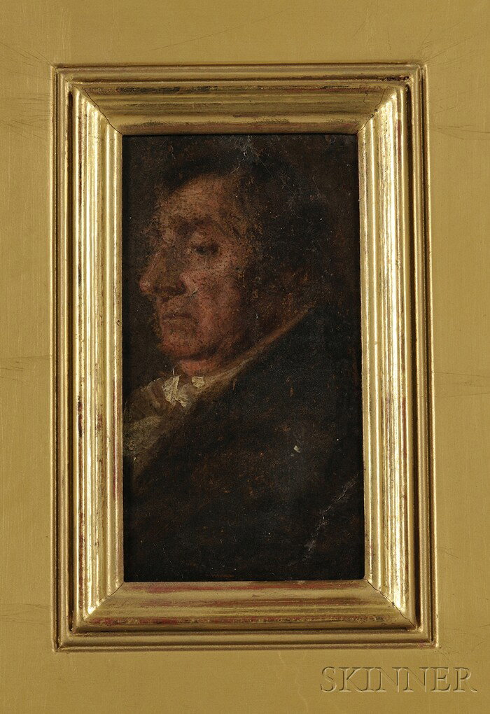 Continental School, 19th Century, Portrait Head of: Continental School, 19th Century Portrait Head of a Man Unsigned. Oil on canvas, 5 1/2 x 3 in. (14.0 x 7.5 cm), framed. Condition: Retouch, creasing, canvas trimmed and lined, then stretched over foam