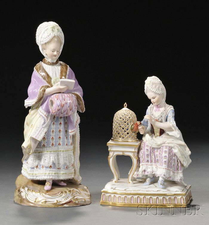 Two Meissen Porcelain Figures, Germany, 19th centu: Two Meissen Porcelain Figures, Germany, 19th century, polychrome enameled and gilded, a well-dressed lady carrying a muff and reading a pamphlet, with crossed swords mark, ht. 8 in.; and a seated lady