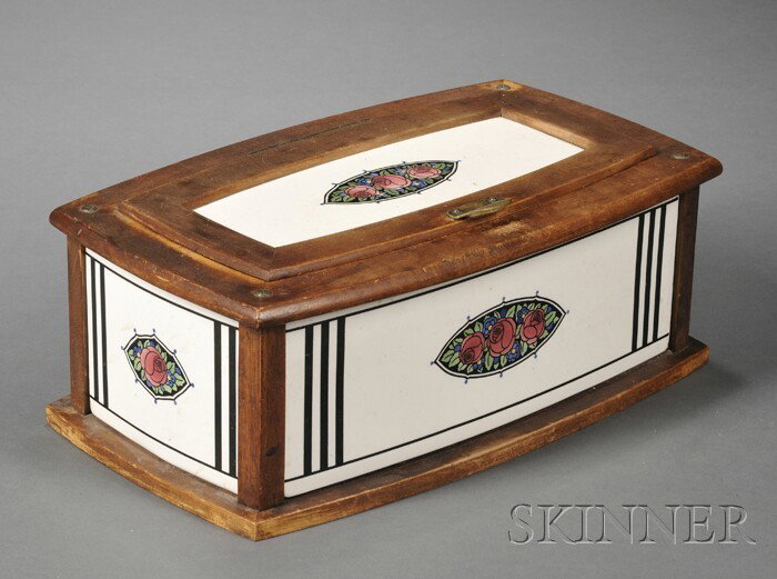 German Porcelain and Wood Breadbox, 20th century, : German Porcelain and Wood Breadbox, 20th century, with hinged lid, each porcelain panel enamel decorated with pink and blue flowers, dated "Dec. 24 28" and numbered on the bottom, ht. 5 7/8, wd. 15 3/