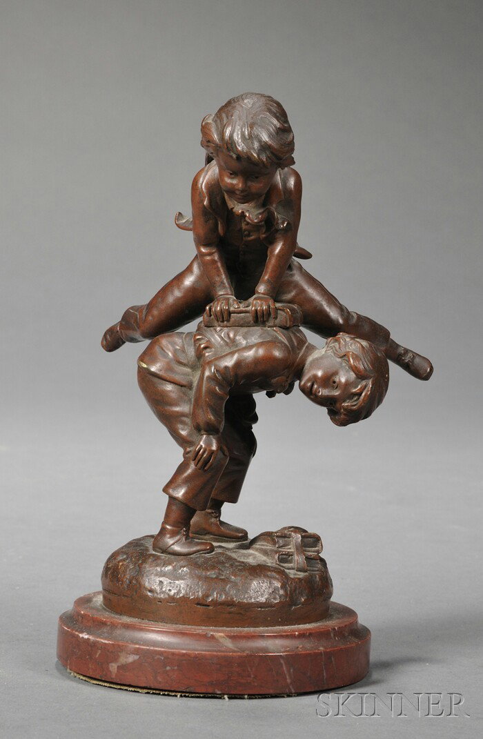 Charles Georges Ferville-Suan (French, 1847-1925),: Charles Georges Ferville-Suan (French, 1847-1925) Bronze Statue of Saute-Mouton, modeled as one boy leapfrogging over another's back, brick red patina, signed "Ferville Suan," on circular rouge m