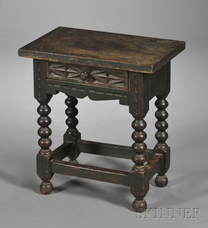 Jacobean-style Diminutive Side Table, the rectangu: Jacobean-style Diminutive Side Table, the rectangular top over frieze drawer, on ring-turned legs joined by stretchers ending in ball feet, ht. 19 5/8, wd. 17 3/4, dp. 11 1/2 in.