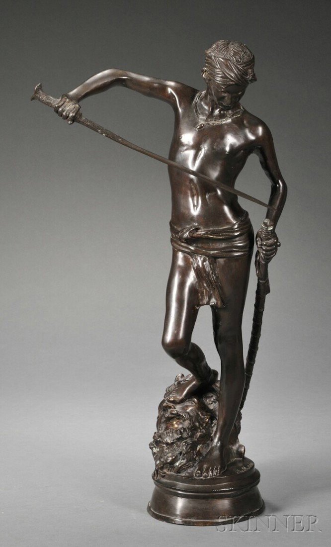 After Marius Jean Antonin Mercie (French, 1845-191: After Marius Jean Antonin Mercie (French, 1845-1916), Bronze Figure of David Standing on the Head of the Vanquished Goliath/David Vainquer, the standing figure sheathing his sword, on ovoid ba