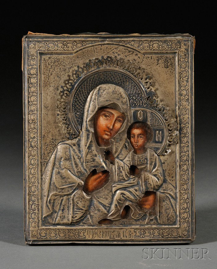 Small Russian Icon of the Tikhvin Mother of God in: Small Russian Icon of the Tikhvin Mother of God in Silver Riza, 19th century, hallmarked on the Virgin's halo, velvet-backed, likely from a kiot, 7 1/8 x 5 3/4 in.