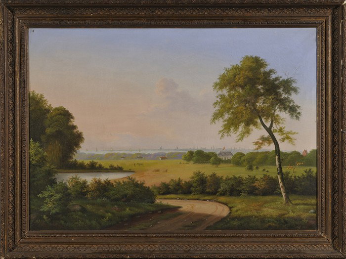 Scandinavian School, 19th Century, ?resund and Co: Scandinavian School, 19th Century ?resund and Copenhagen in the Distance Signed and dated "Ring 1884" l.r. Oil on canvas, 25 x 35 1/4 in. (63.5 x 89.5 cm), framed. Condition: Craquelure, surface grime
