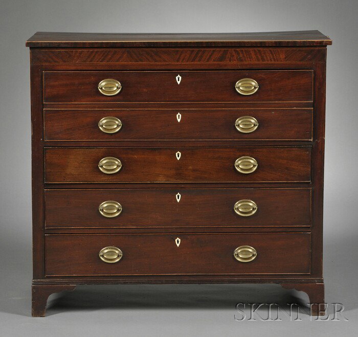 Inlaid Mahogany and Ivory Desk/Chest, 19th/20th c: Inlaid Mahogany and Ivory Desk/Chest, 19th/20th century, with rectangular top over conforming case fitted with pull-out writing surface and fitted with valenced compartments over four drawers, centere