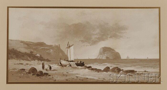 Clarence E. Braley (American, 1854-1927), Fishing: Clarence E. Braley (American, 1854-1927) Fishing Boat and Figures on the Beach Signed "C. Braley" l.r. Oil (grisaille) on paperboard, sheet size 13 7/8 x 27 15/16 in. (35.2 x 71.1 cm), framed. Conditi