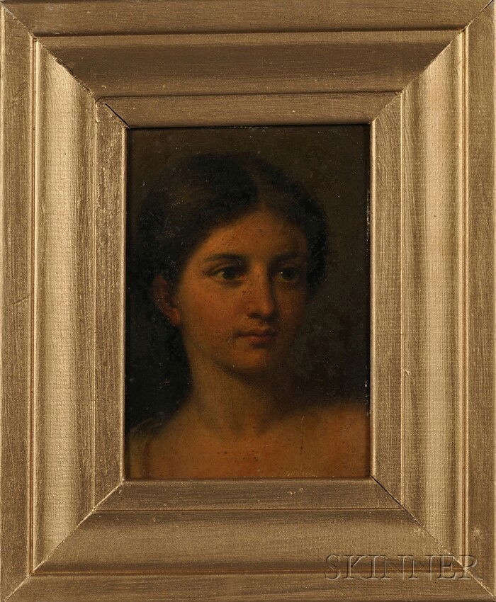 British School, 19th Century, Head of a Young Woma: British School, 19th Century Head of a Young Woman Unsigned. Oil on artist board, 7 1/2 x 5 1/2 in. (19.0 x 14.0 cm), framed. Condition: Surface imperfections, yellowed varnish, frame abrasions, fine