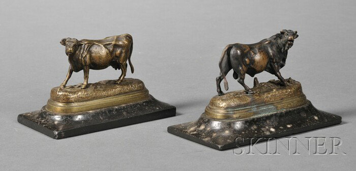 After Jules Moigniez (French, 1835-1894), Two Mini: After Jules Moigniez (French, 1835-1894) Two Miniature Bronze Figures of a Bull and a Cow, both on ovoid bases with mold incised signatures, set atop rectangular slate plinths, total ht. 3 1/4, lg. 5 