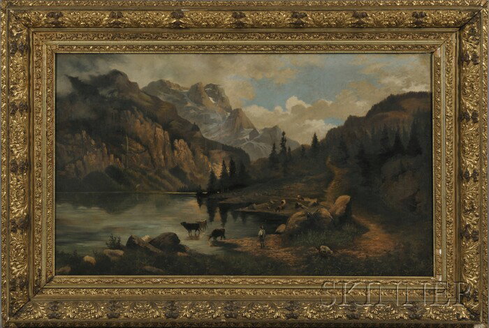 Continental School, 19th/20th Century, Herder wit: Continental School, 19th/20th Century Herder with Cattle in a Mountain Landscape Unsigned. Oil on canvas mounted to Masonite, 30 1/8 x 50 1/4 in. (76.5 x 127.5 cm), framed. Condition: Lined, retouch, 