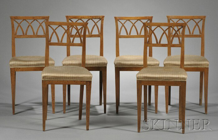 Set of Six Biedermeier Side Chairs, each with pier: Set of Six Biedermeier Side Chairs, each with pierced back, overupholstered trapezoidal seat, and downswept square, tapered legs, seat ht. 19 1/2 in.