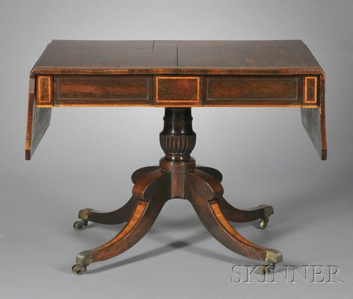 English Inlaid Rosewood Drop-leaf Table, 19th cent: English Inlaid Rosewood Drop-leaf Table, 19th century, rectangular top with two D-shaped leaves with canted corners, over two frieze drawers, reeded pedestal base, and four downswept legs ending in ca