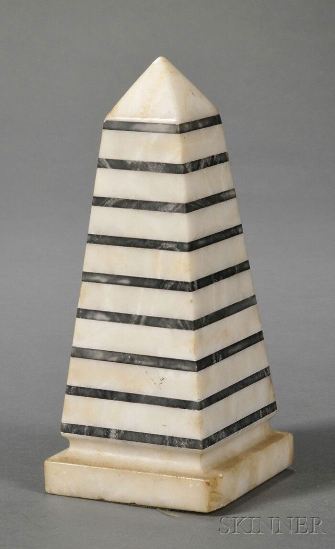 Italian Marble Obelisk, with alternating rows of d: Italian Marble Obelisk, with alternating rows of dark gray and off-white marble, ht. 9 1/8 in.