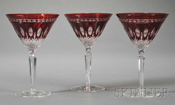 Forty-one Pieces of Ruby Overlay Glass Stemware an: Forty-one Pieces of Ruby Overlay Glass Stemware and Glassware, possibly Poland, 20th century, eight goblets, ht. 7 7/8; six champagne flutes, ht. 9 7/8; eight martini glasses, ht. 7 1/16; six cordials