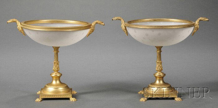 Two Gilt-metal and Opaline Glass Compotes, Italy,: Two Gilt-metal and Opaline Glass Compotes, Italy, 20th century, each gilt-rimmed bowl accented with two eagles over columnar standard on square base with paw feet, ht. 6 9/16 in.