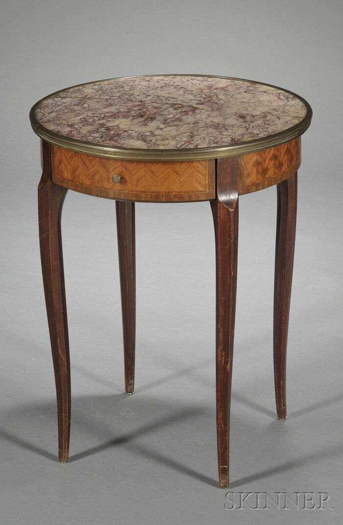 Louis XVI-style Marble-top Single-drawer Side Tabl: Louis XVI-style Marble-top Single-drawer Side Table, France, 20th century, Cassard & Co., makers, round marble top with brass edging, the case with parquetry veneer, on slender cabriole legs, ht. 25 1