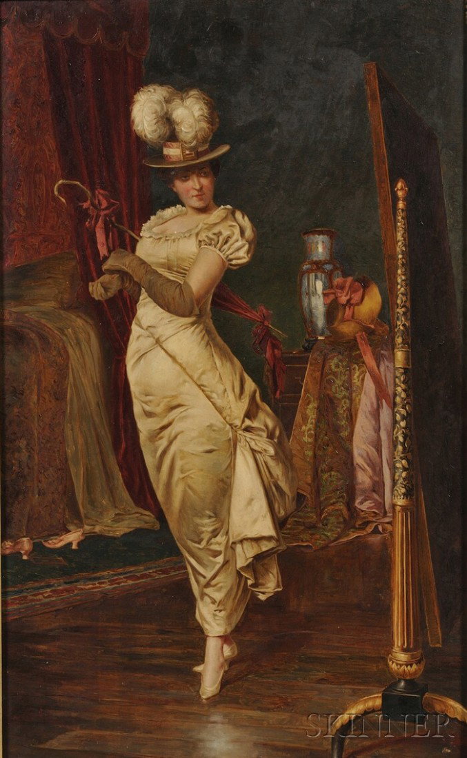 Fr?d?ric Soulacroix (French, 1858-1933), Lady Befo: Fr?d?ric Soulacroix (French, 1858-1933) Lady Before a Dressing Mirror Signed "F. Soulacroix" l.r. Oil on panel, 16 3/16 x 9 9/16 in. (41.1 x 24.3 cm), framed. Condition: Retouch, frame abrasions, surf