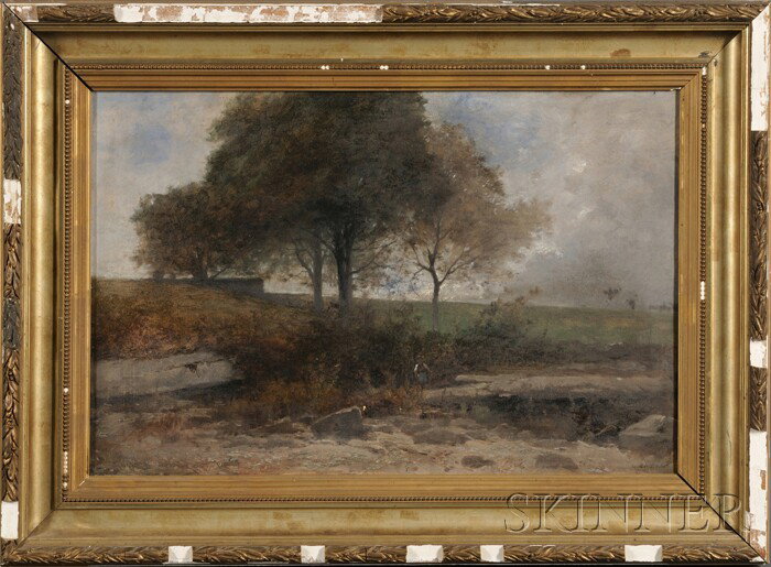Gustave-Eug?ne Castan (Swiss, 1823-1892), Landscap: Gustave-Eug?ne Castan (Swiss, 1823-1892) Landscape with Figure Signed "G. CASTAN" l.r. Oil on paper mounted to canvas, 15 1/2 x 23 1/2 in. (39.4 x 59.7 cm), framed. Condition: Minor surface grime.
