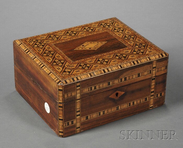 Small Victorian Rosewood and Parquetry Inlay Lap : Small Victorian Rosewood and Parquetry Inlay Lap Desk, late 19th century, rectangular, with Tunbridge-type geometric inlay to lid and sides, opening to velvet writing surface with storage wells and a 