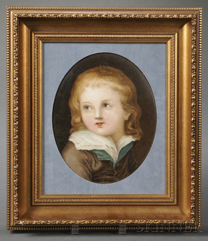 KPM Hand-painted Porcelain Plaque of the Dauphin,: KPM Hand-painted Porcelain Plaque of the Dauphin, Germany, 19th century, oval format, depicting a young boy with blond hair wearing a brown coat lined in green, with impressed marks, ht. 9 3/4 in.