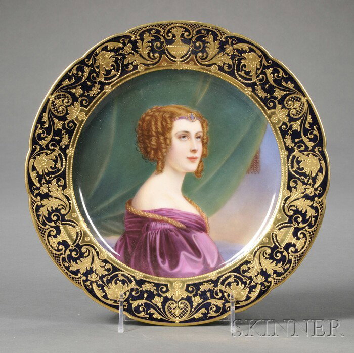 German Porcelain Cabinet Portrait Plate Depicting: German Porcelain Cabinet Portrait Plate Depicting Jane Digby, Lady Ianthe Ellenborough, late 19th/early 20th century, after the painting by Joseph Karl Stieler, the beauty in maroon dress against gree