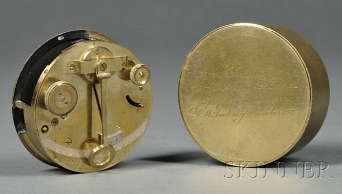 Troughton & Simms Brass Pocket Sextant, London, c.: Troughton & Simms Brass Pocket Sextant, London, c. 1850, 2 3/4 in. dia. brass case with screw fit cover inscribed Awarded to Gent. Cadet James B. Edwards for proficiency in surveying, RM Academy, Dece