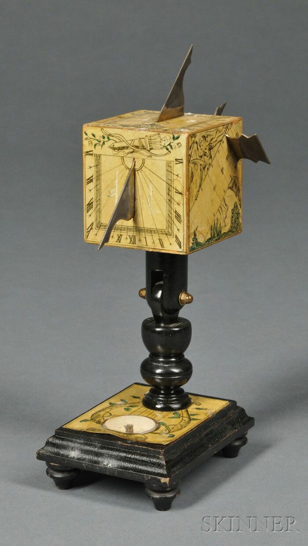 Beringer-style Wooden Polyhedral Sundial, Germany,: Beringer-style Wooden Polyhedral Sundial, Germany, the wooden molded base with inset compass, decorative printed card, adjustable cube marked D. Beringer, four printed dials with Roman chapters and br