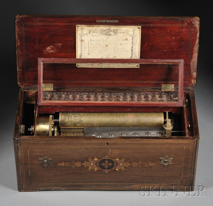 Six Air Jeu de Flutes Musical Box Attributed to Gr: Six Air Jeu de Flutes Musical Box Attributed to Grenier & Bremond, Switzerland, no. 4083, c. 1859, rosewood cabinet with marquetry inlays, hinged lid with tune sheet on the underside listing selection