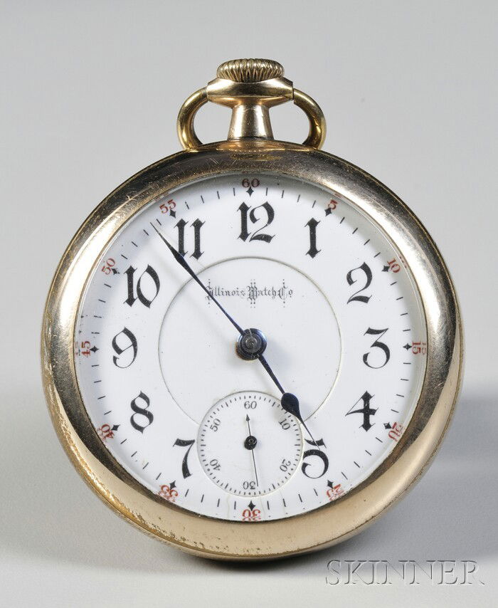 Illinois 18 Size 24-Jewel Bunn Special Open Face W: Illinois 18 Size 24-Jewel Bunn Special Open Face Watch, Illinois Watch Company, Springfield, Illinois, no. 1504174, with gold-filled case, double sunk Arabic numeral enameled dial marked Illinois Watc
