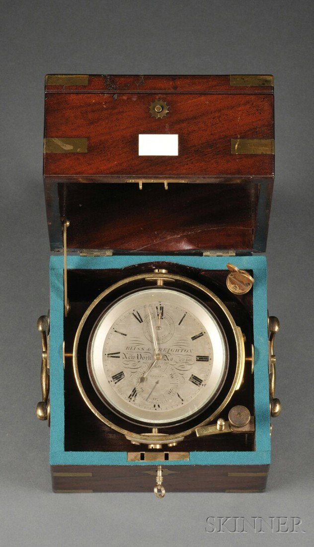 Two-Day Marine Chronometer by Bliss & Creighton, N: Two-Day Marine Chronometer by Bliss & Creighton, New York, No. 2240, 3 3/4-in. silvered brass dial signed Bliss & Creighton, New York, No. 2240, Roman numerals, Up-Down indicator, seconds dial with Ar