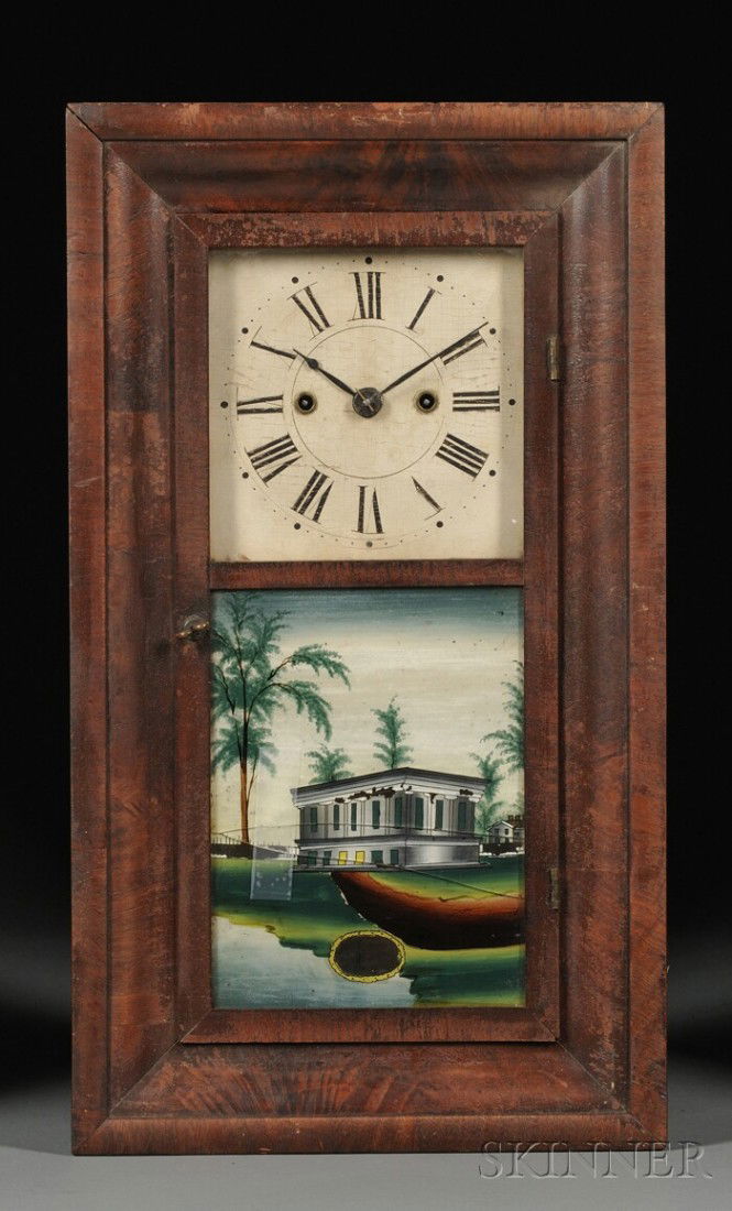 Henry Terry Miniature Mahogany Ogee Clock, Plymout: Henry Terry Miniature Mahogany Ogee Clock, Plymouth, Connecticut, painted wooden dial with Roman numerals, lower glass depicting a formal domestic setting, printed label inside stating, Brass Clocks M