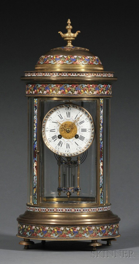 Tiffany & Company Brass and Champleve Crystal Regu: Tiffany & Company Brass and Champleve Crystal Regulator, French, c. 1890, the case with six beveled glass sections, the front door opens to reveal the 4-in. dia. Roman numeral dial with ormolu center