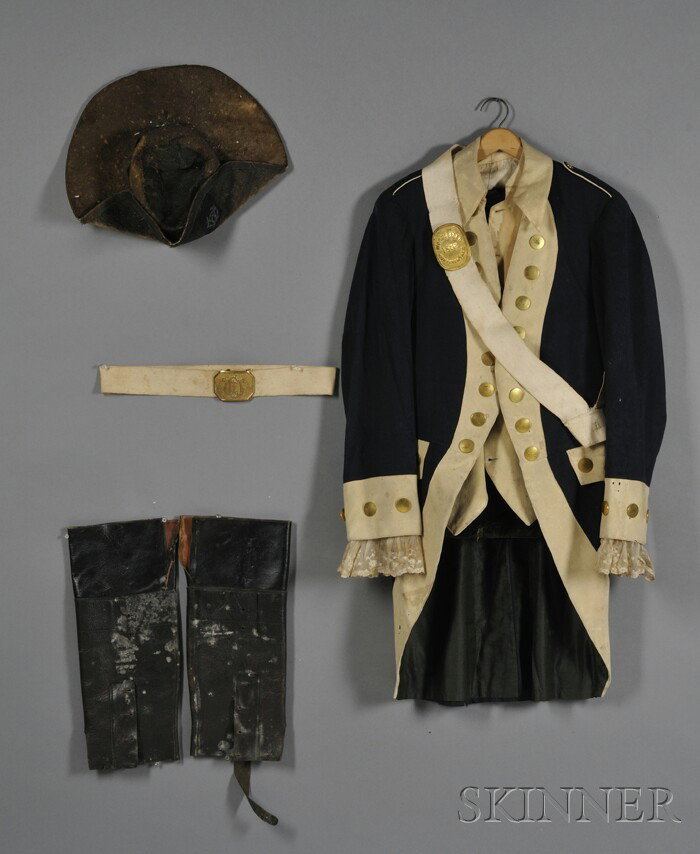 Wool and Velvet Reproduction Revolutionary War Un: Wool and Velvet Reproduction Revolutionary War Uniform, c. 1876, comprising a blue wool jacket with white trim and brass buttons, a matching white vest, brown velvet pants, and a sling with buckle rea