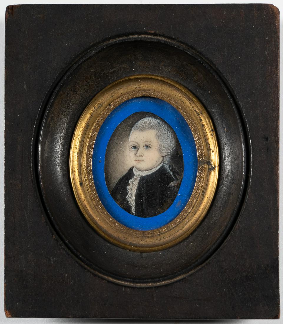 Possibly Robert Fulton (New York/Pennsylvania, 1765-1815), Miniature Portrait of a Man in a Black: Possibly Robert Fulton (New York/Pennsylvania, 1765-1815) Miniature Portrait of a Man in a Black Jacket Unsigned. Watercolor on ivory, 1 1/8 x 7/8 in., in a dark stained wood frame with a gilt metal l