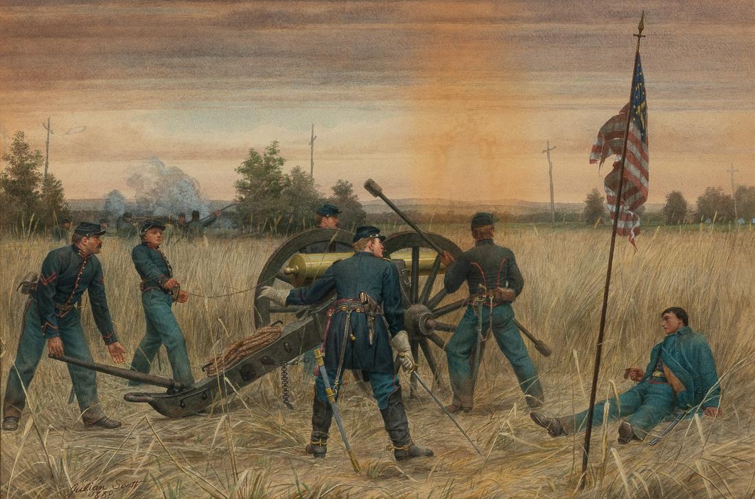 Julian Scott (New Jersey/Vermont, 1846-1901), Union Artillery Crew in Battle, Signed and dated (1 of 3)