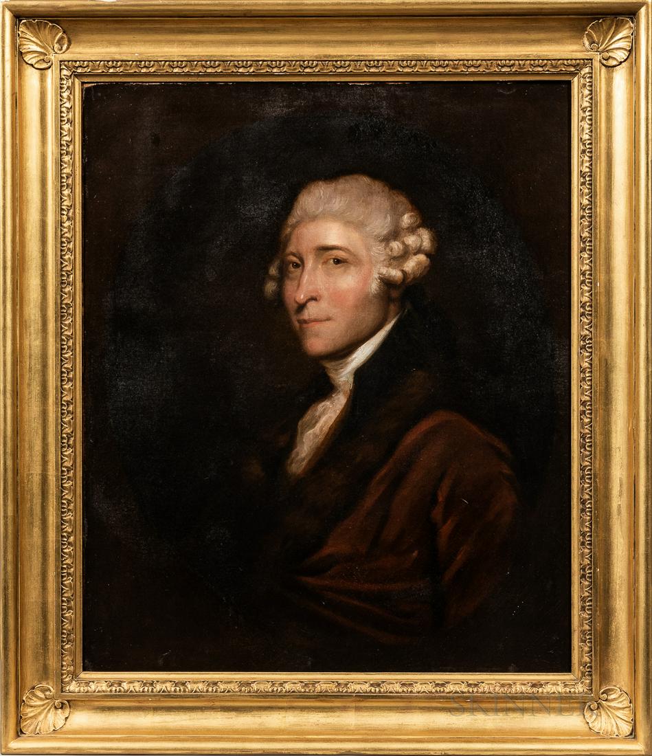 After Gilbert Stuart (American, 1755-1828), Portrait of Scottish Diplomat Caleb Whitefoord: After Gilbert Stuart (American, 1755-1828) Portrait of Scottish Diplomat Caleb Whitefoord (1734-1810) Unsigned. Oil on canvas, 30 x 25, in a giltwood and gesso reproduction frame. Condition: Retouch t