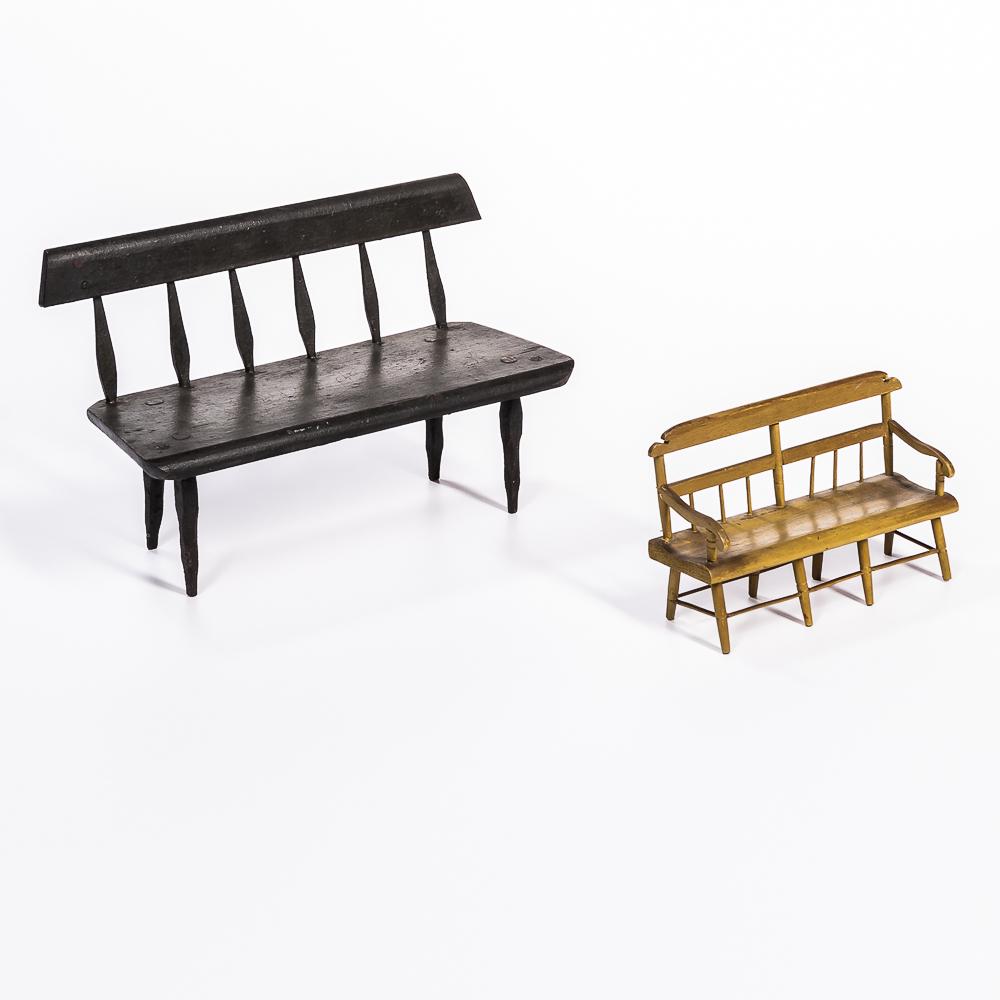 Two Miniature Painted Settees, America, 19th century, the smaller yellow-painted settee with turned: Two Miniature Painted Settees, America, 19th century, the smaller yellow-painted settee with turned legs and scrolling arms and back; the large putty green-painted settee with carved legs and straight