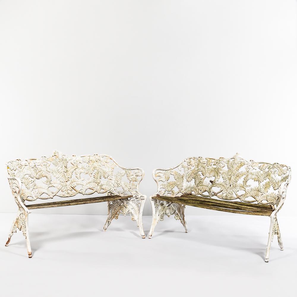 Pair of White-painted Cast Iron Fern-leaf Settees, America, late 19th century, lg. 59, ht. 35, dp.: Pair of White-painted Cast Iron Fern-leaf Settees, America, late 19th century, lg. 59, ht. 35, dp. 23 in. each.