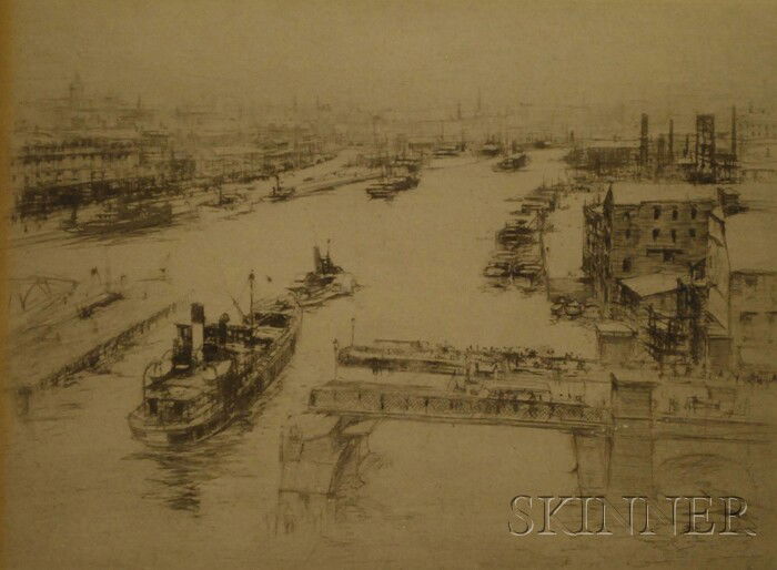 William Walcott (British, 1847-1943) The Thames. Si: William Walcott (British, 1847-1943) The Thames. Signed "W. Walcott" in pencil l.r. Intaglio process print, sight size 6 x 7 3/4 in., framed. Condition: Mat burn, toning.