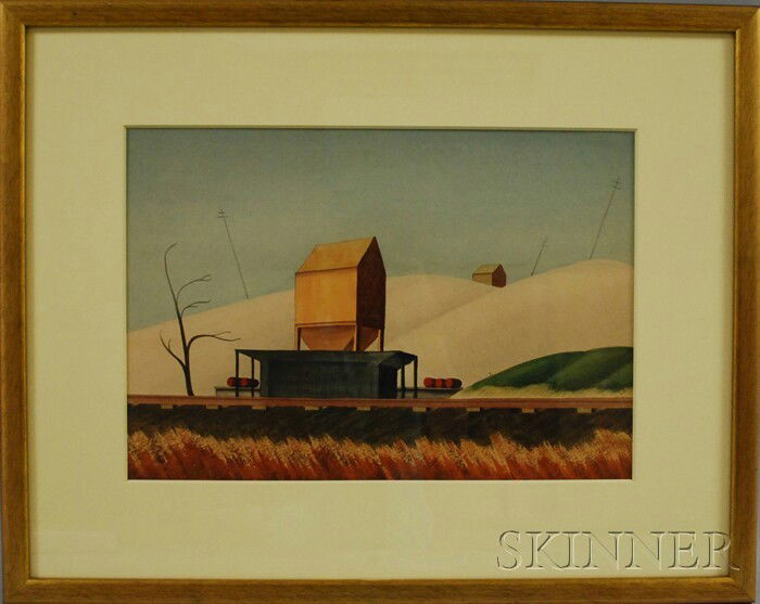 Edgar Corbridge (American, 1901-1988) Train Tracks: Edgar Corbridge (American, 1901-1988) Train Tracks over a Barren Landscape. Unsigned, stamped "From the Estate of/Edgar Corbridge/Peter B. Corbridge/Executor: Peter B. Corbridge" on the reverse. Water