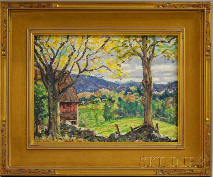 Edgar Otis Miner (American, 1915-2003) October Lan: Edgar Otis Miner (American, 1915-2003) October Landscape in Vermont. Signed "E O Miner" l.r. Oil on canvasboard, 12 x 16 in., framed. Condition: Minor surface grime.