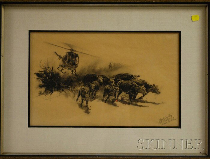 Tom Ryan (American, b. 1922), April Cowboy., Signe: Tom Ryan (American, b. 1922) April Cowboy. Signed "Tom Ryan CA" l.l., titled and inscribed "...QB Pasture/6666 Ranch" l.r. Graphite on paper, sight size 10 1/2 x 16 3/4 in., framed. Conditi