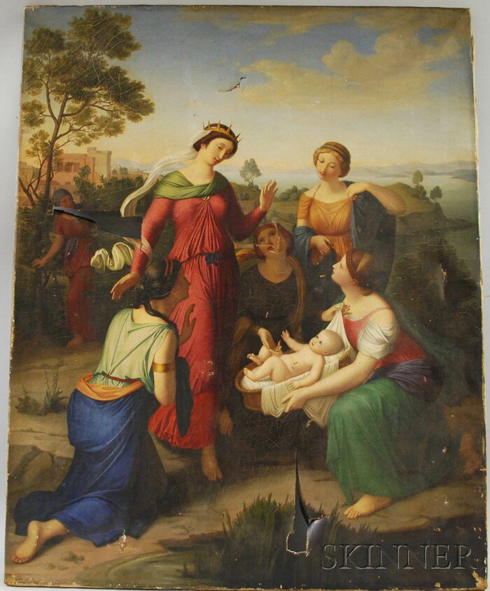 Continental School, 19th Century Finding of Moses.: Continental School, 19th Century Finding of Moses. Unsigned. Oil on canvas, 37 1/2 x 30 in., unframed. Condition: Tears, punctures, craquelure, surface grime.