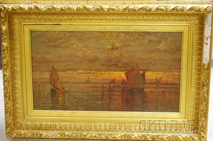 D. Jerome Elwell (American, 1847-1912) Sunset Afte: D. Jerome Elwell (American, 1847-1912) Sunset After Rain-Fishing Boats Venice. Signed and dated "D. Jerome Elwell/12/86" l.r. and inscribed on the reverse. Oil on canvas, 22 x 40 in., framed. Cond