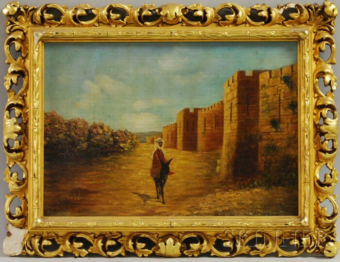 Continental School, 19th/20th Century Jerusalem. I: Continental School, 19th/20th Century Jerusalem. Initialed "J.S." and titled l.l., with a label from Haley & Steele, Boston, on the frame backing. Oil on wood panel, 9 3/4 x 14 in., framed. Condit