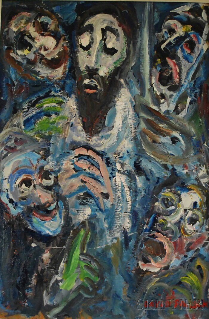 David Pallock (American, 1906-1977) Five Faces of: David Pallock (American, 1906-1977) Five Faces of Men, one possibly Jesus. Signed "David Pallock" l.r. Oil on Masonite, 25 x 37 in., framed. Condition: Surface grime.