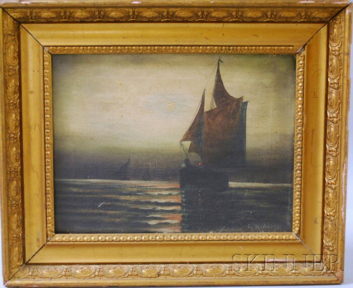 American School, 20th Century Moonlit Sail. Signed: American School, 20th Century Moonlit Sail. Signed "A. Miller..." l.r. Oil on canvas, 9 x 12 in., framed. Condition: Surface grime, craquelure, frame abrasions, stretcher bar marks.