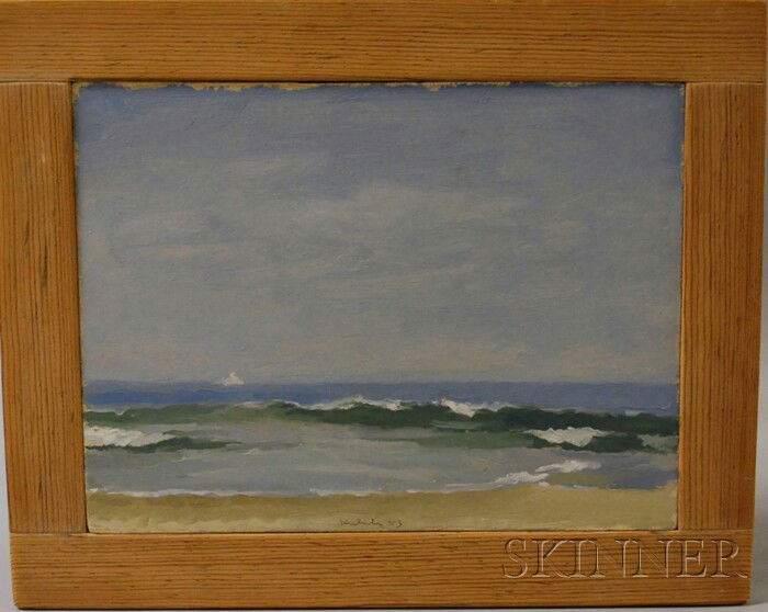 Robert Moore Kulicke (American, 1924-2007) Seascap: Robert Moore Kulicke (American, 1924-2007) Seascape with Distant Boats. Incised and dated "Kulicke 83" l.c., with a Davis & Langdale Company, Inc., label on the reverse. Oil on Masonite, 9 x 12 in.