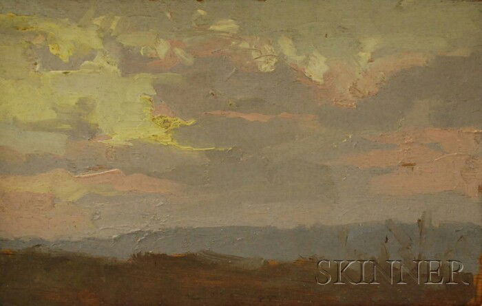 Robert Moore Kulicke (American, 1924-2007) Sunset: Robert Moore Kulicke (American, 1924-2007) Sunset at New Paltz. Incised and dated "Kulicke 85" l.c., with a David & Langdale Company, Inc., label on the reverse. Oil on board, 6 x 9 in., framed. C